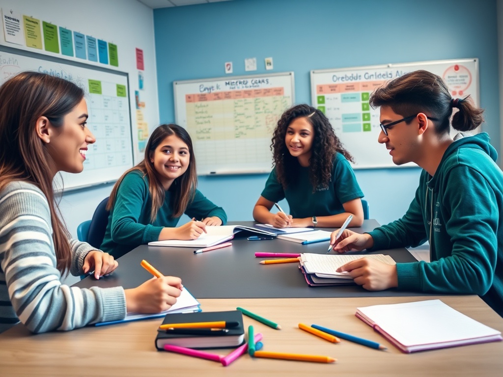 Четверо студентов обсуждают за столом, записывая свои мысли в блокноты, окруженные канцелярией.