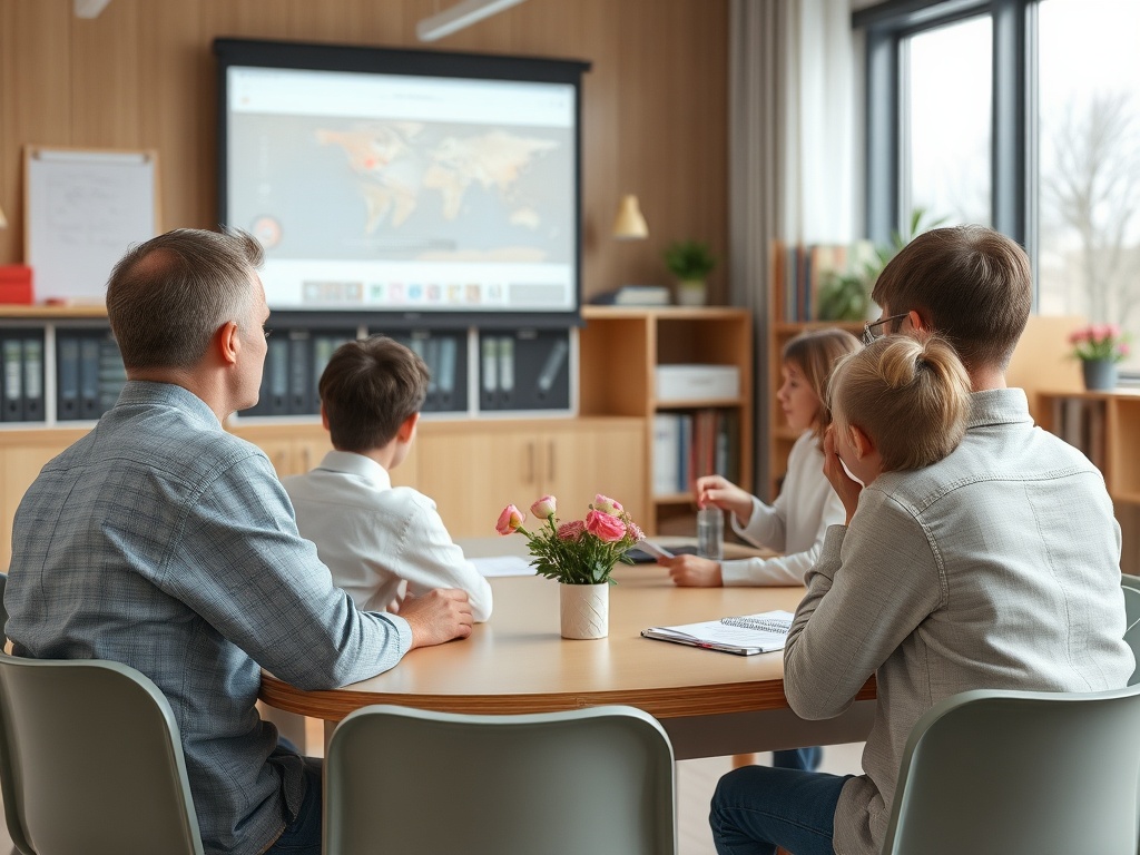 Группа людей на уроке, слушают лекцию. На экране карта мира, на столе цветы и канцелярские принадлежности.