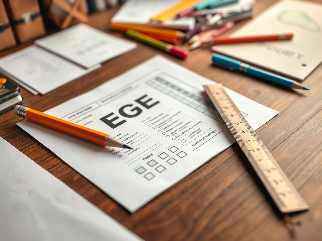 На столе лежит экзаменационный бланк ЕГЭ, карандаши и линейка.