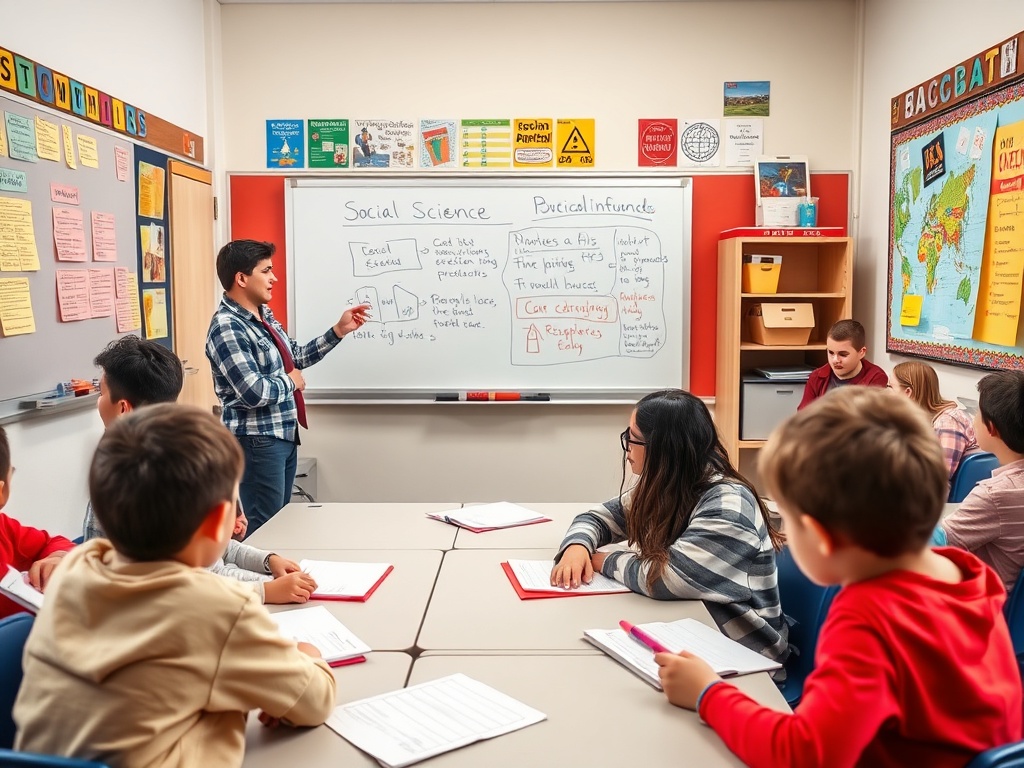 Учитель объясняет тему в классе, ученики слушают и делают записи в тетрадях. На доске ученые блоки.