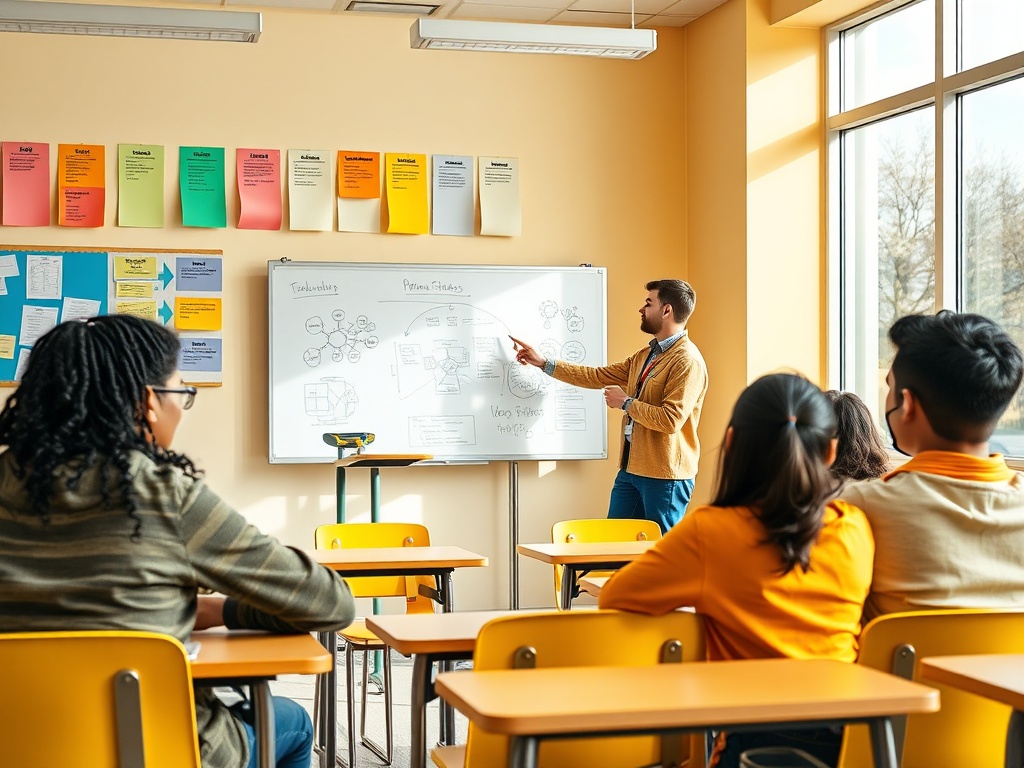 Учитель объясняет урок у доски, ученики сидят за партами и внимательно слушают. Стены украшены цветными бумажками.