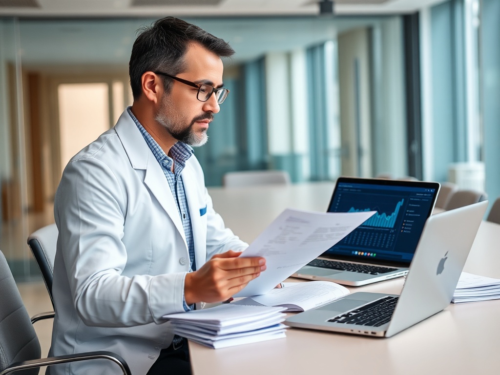 Врач в белом халате изучает документы и анализирует данные на ноутбуке в офисном помещении.