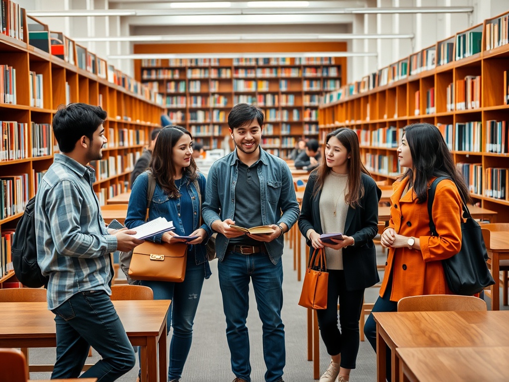 Группа студентов обсуждает книги в библиотеке среди полок с книгами. Атмосфера дружелюбная и учебная.