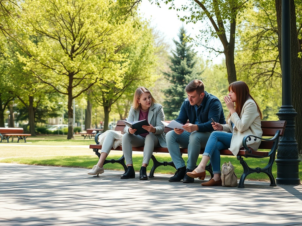Трое друзей обсуждают что-то, сидя на скамейке в парке с зелеными деревьями вокруг.
