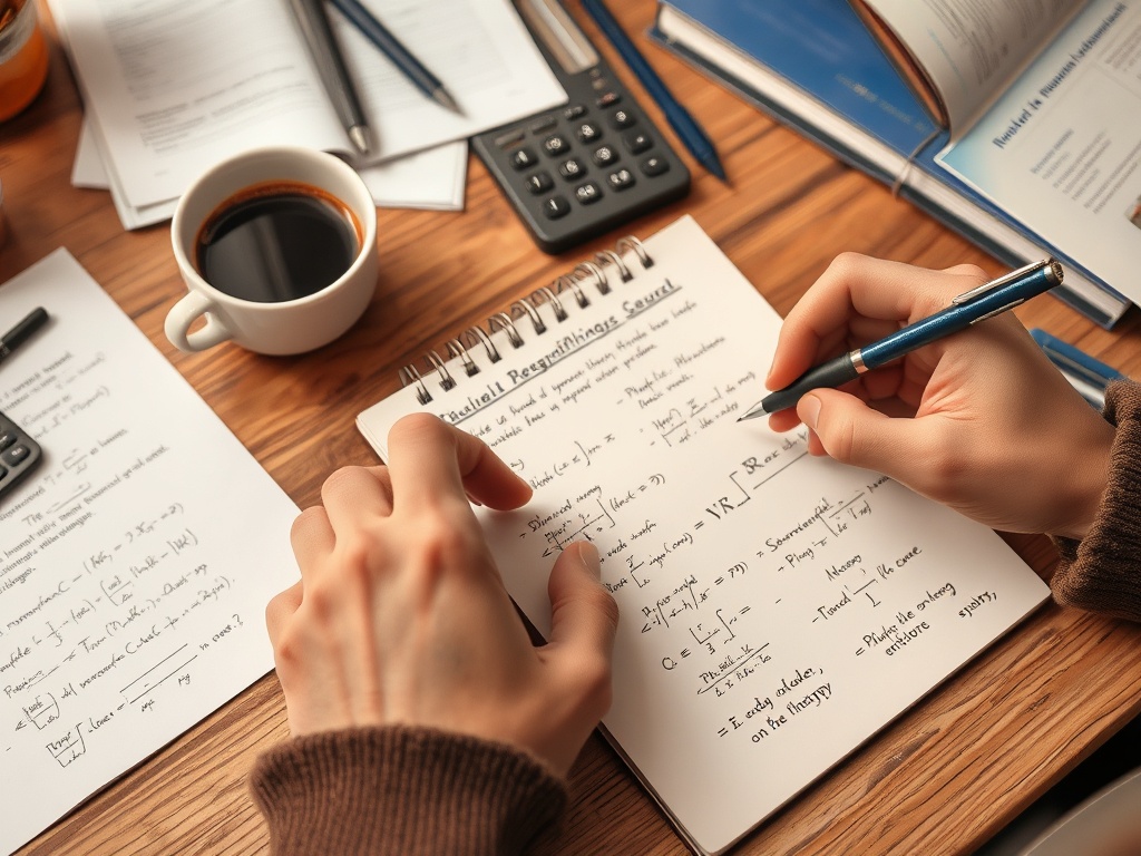 Человек пишет заметки в блокноте, окружаемом бумагами, ручками и чашкой кофе на деревянном столе.
