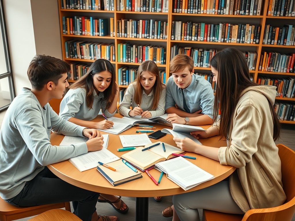 Группа студентов за столом в библиотеке, обсуждают материалы и делают записи, окружают книги и канцелярские принадлежности.