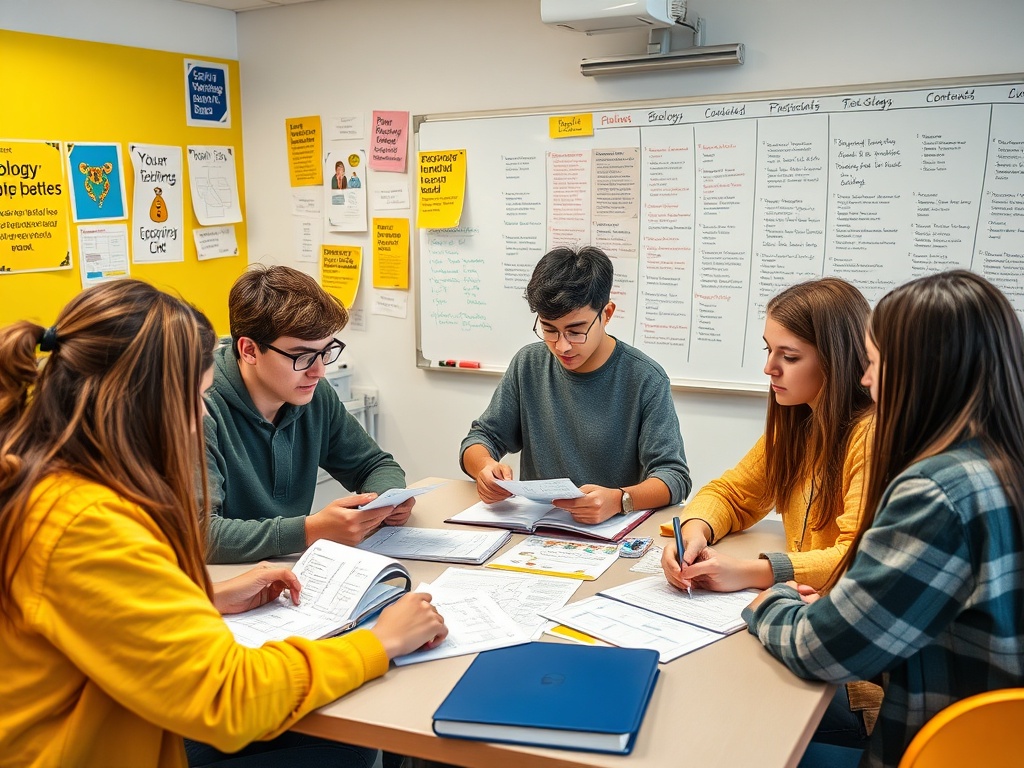 Группа студентов занимается изучением, обсуждая материалы и делая заметки за учебным столом.