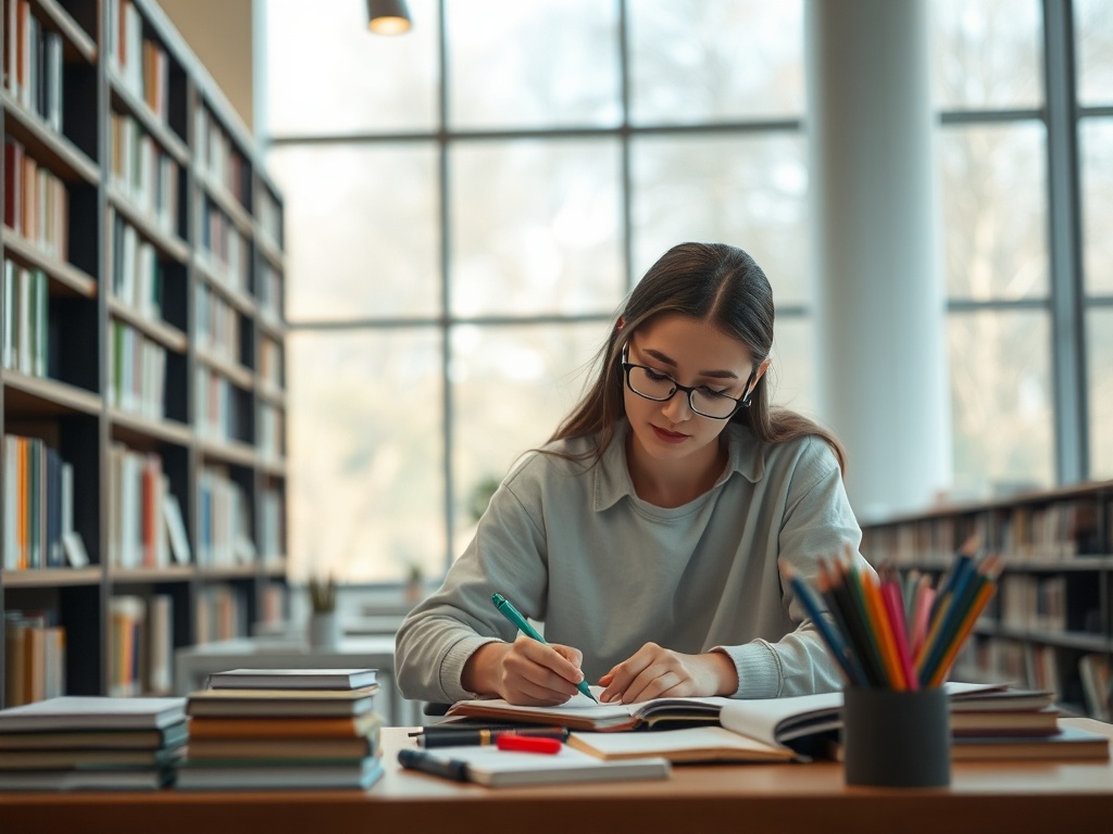 Молодая женщина учится в библиотеке, записывая информацию в блокнот. Книги и канцелярские принадлежности вокруг.
