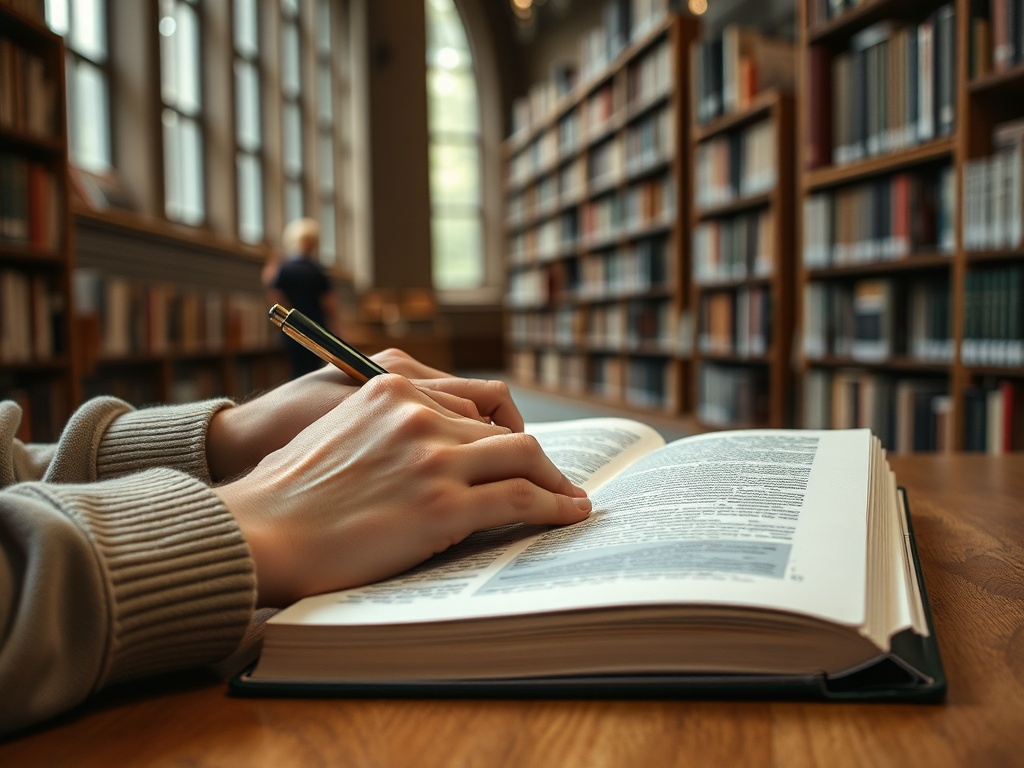 Человек пишет в открытой книге на столе в библиотеке среди книжных полок.