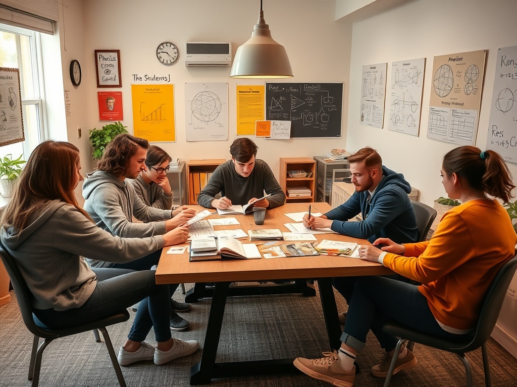 Группа студентов учится за столом, обсуждая материалы и делая записи в уютной учебной комнате.