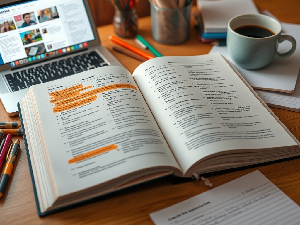 На столе открытая книга с выделениями, ноутбук и чашка кофе, рядом ручки и блокнот. Учебная атмосфера.