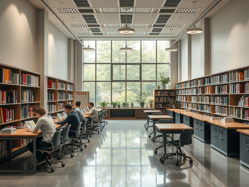 Современная библиотека с большими окнами, столами для работы и читателями за ноутбуками.